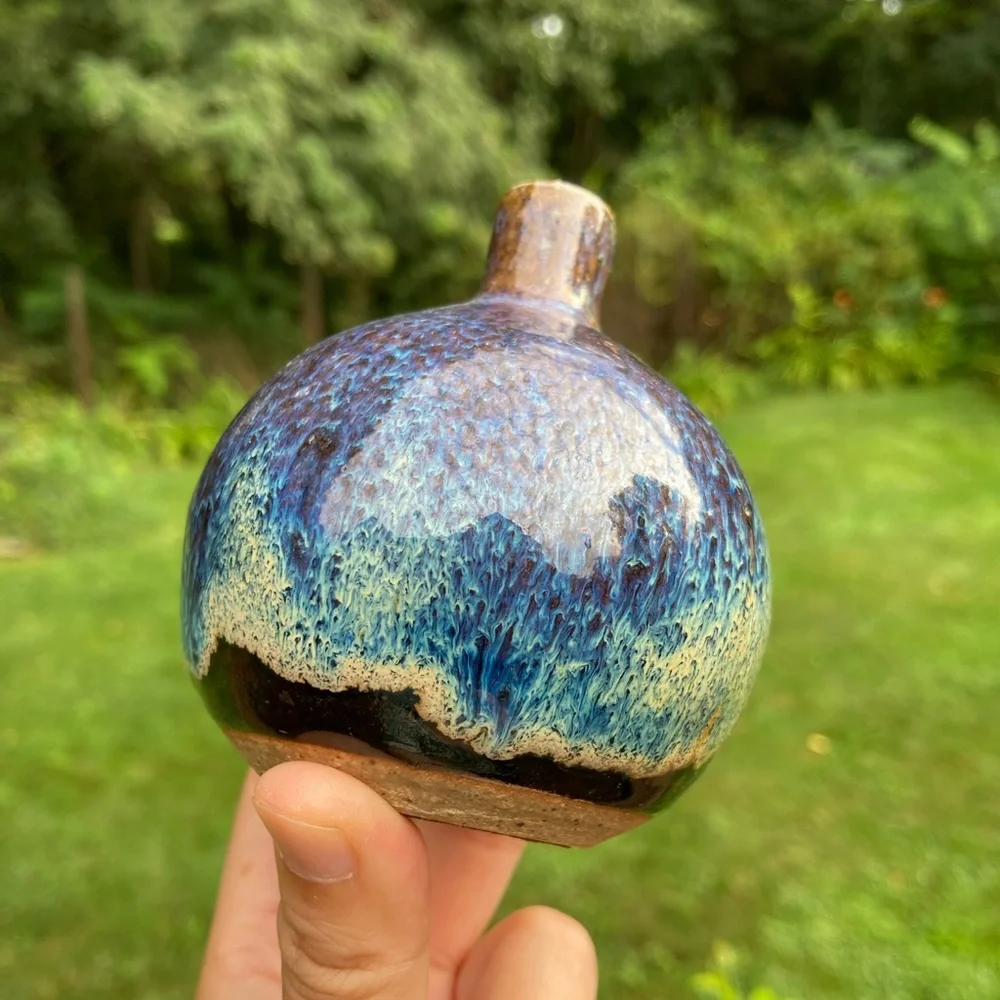Vintage Brown and Blue Glazed Round Bud Vase - Picture 5 of 13